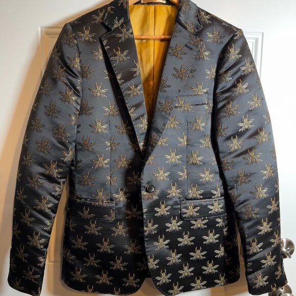 Devil's Advocate Jacquard Jacket Black w/ Metallic Embroidered Bees Men's 40R - Picture 1 of 13